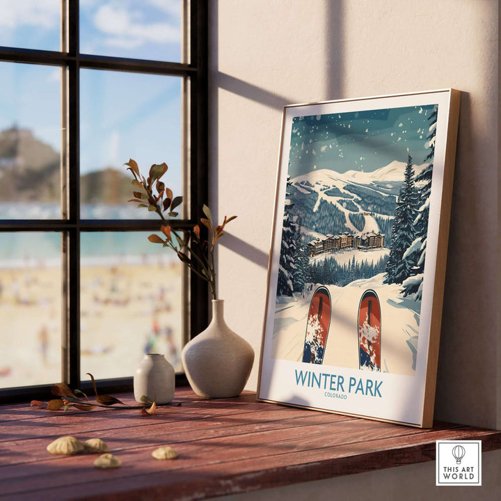 Winter Park ski print showcasing snowy slopes and ski gear, perfect for winter-themed home decor in Colorado.