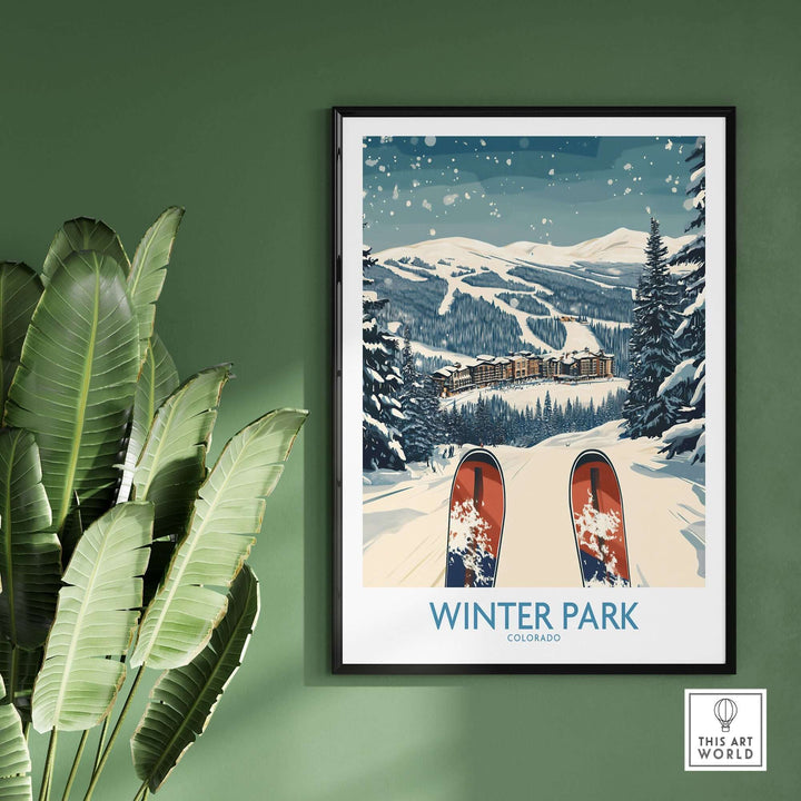 Winter Park Ski Print showcasing snowy slopes and ski gear in Colorado, perfect for home or office wall decor.