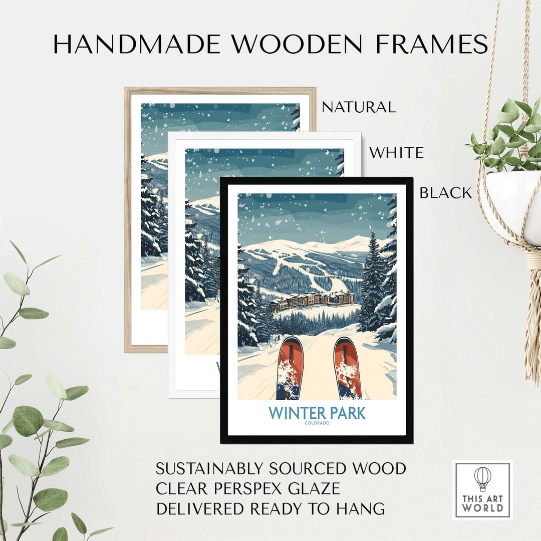 Handmade wooden frames in natural, white, and black for Winter Park Ski Print, showcasing Colorado's snowy slopes.