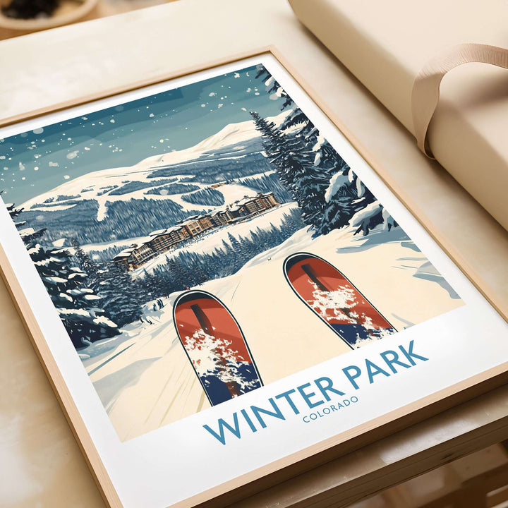 Winter Park Ski Print showcasing snowy slopes and trees in Colorado, perfect for ski enthusiasts and wall art decor.