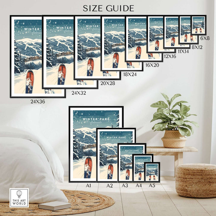 Size guide for Winter Park travel poster showcasing various dimensions and framed options in a styled room setting.