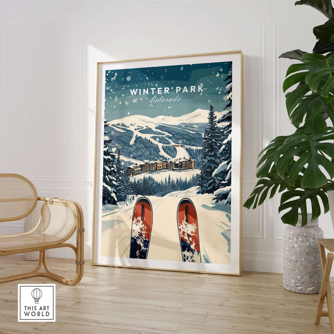 Winter Park travel poster featuring snowy mountains, skis, and a cozy lodge in Colorado's scenic landscape.