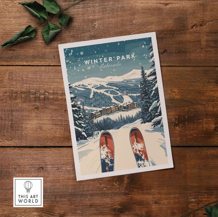 Winter Park travel poster showcasing snowy mountains and ski scene in Colorado, perfect for home or office decor.