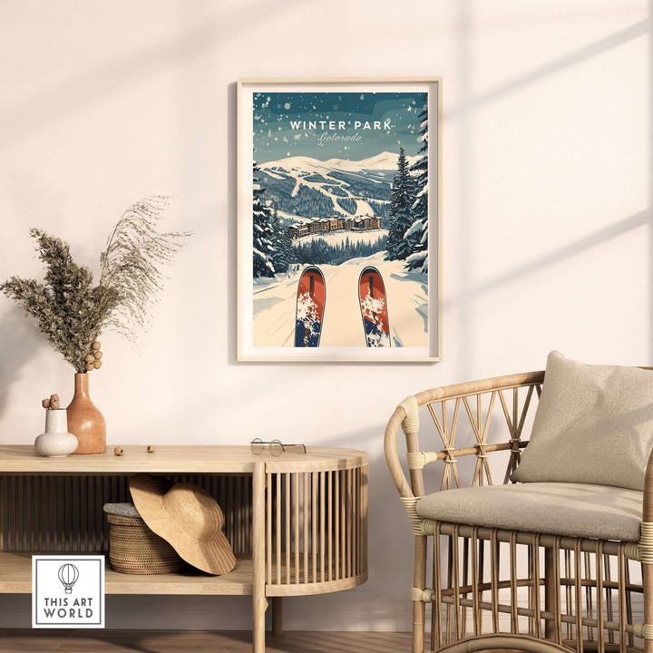 Vintage Winter Park travel poster featuring snowy mountains and skis, perfect for home or office decor.