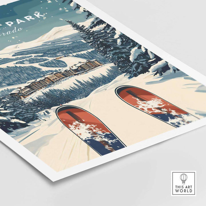 Winter Park Colorado travel poster featuring snowy mountains and ski tracks, perfect for home or office decor.