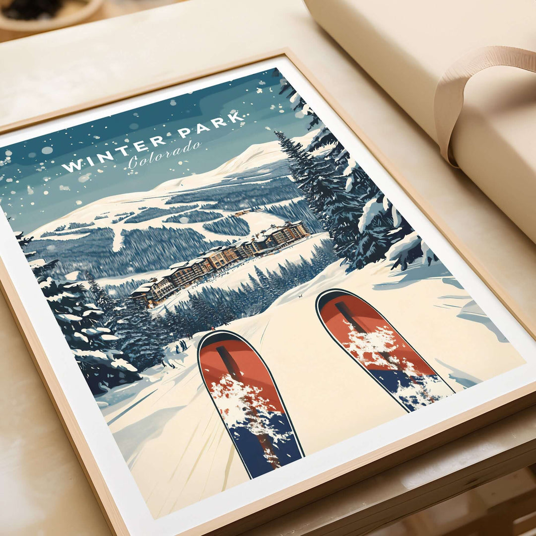 Winter Park travel poster showcasing snowy mountains and ski tracks in Colorado, perfect for home or office decor.