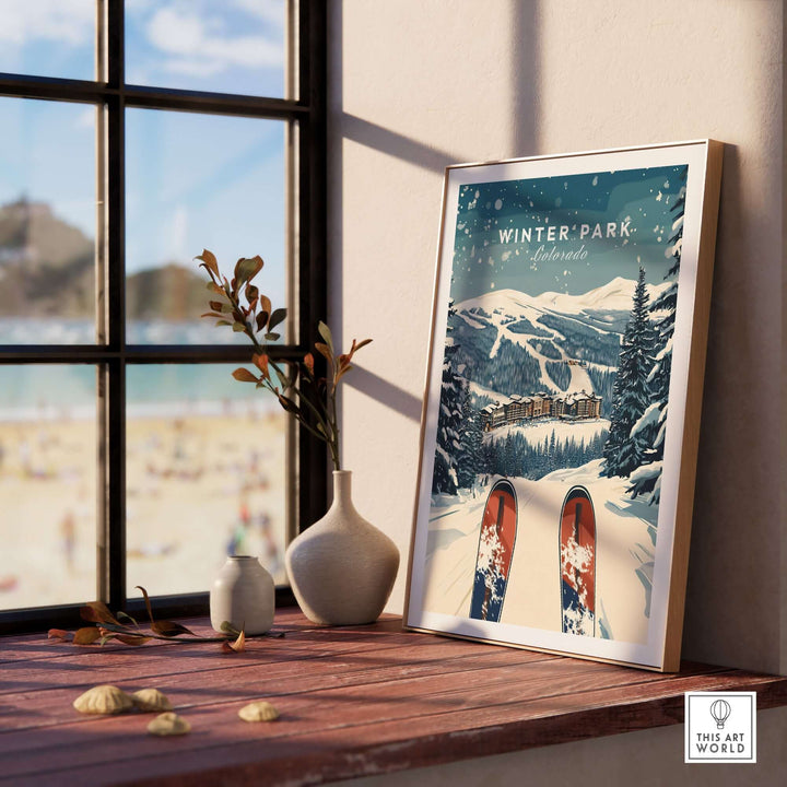 Winter Park travel poster featuring snowy mountains and ski gear, perfect for home decor and adventure inspiration.