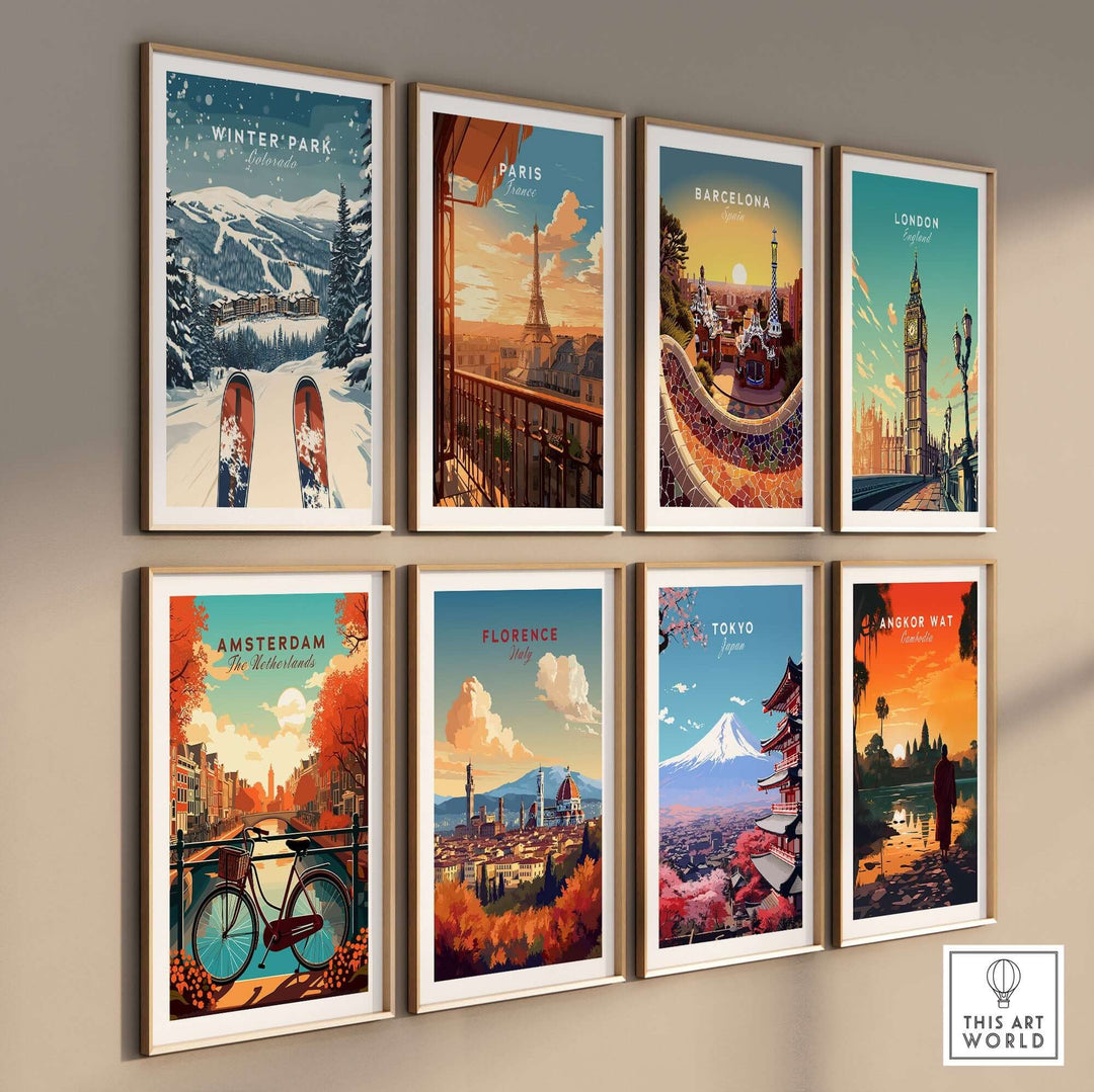 Gallery wall featuring travel posters of Winter Park, Paris, Barcelona, London, Amsterdam, Florence, Tokyo, and Angkor Wat.