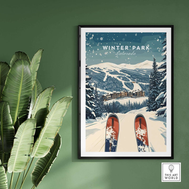 Winter Park travel poster showcasing snowy mountains and skis, perfect for Colorado adventure decor.