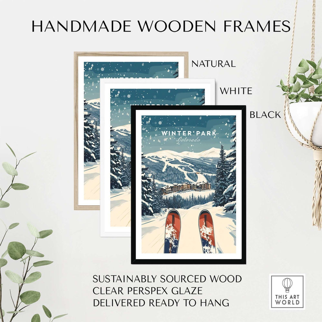 Handmade wooden frames in natural, white, and black for Winter Park travel poster, featuring sustainably sourced wood and clear glaze.