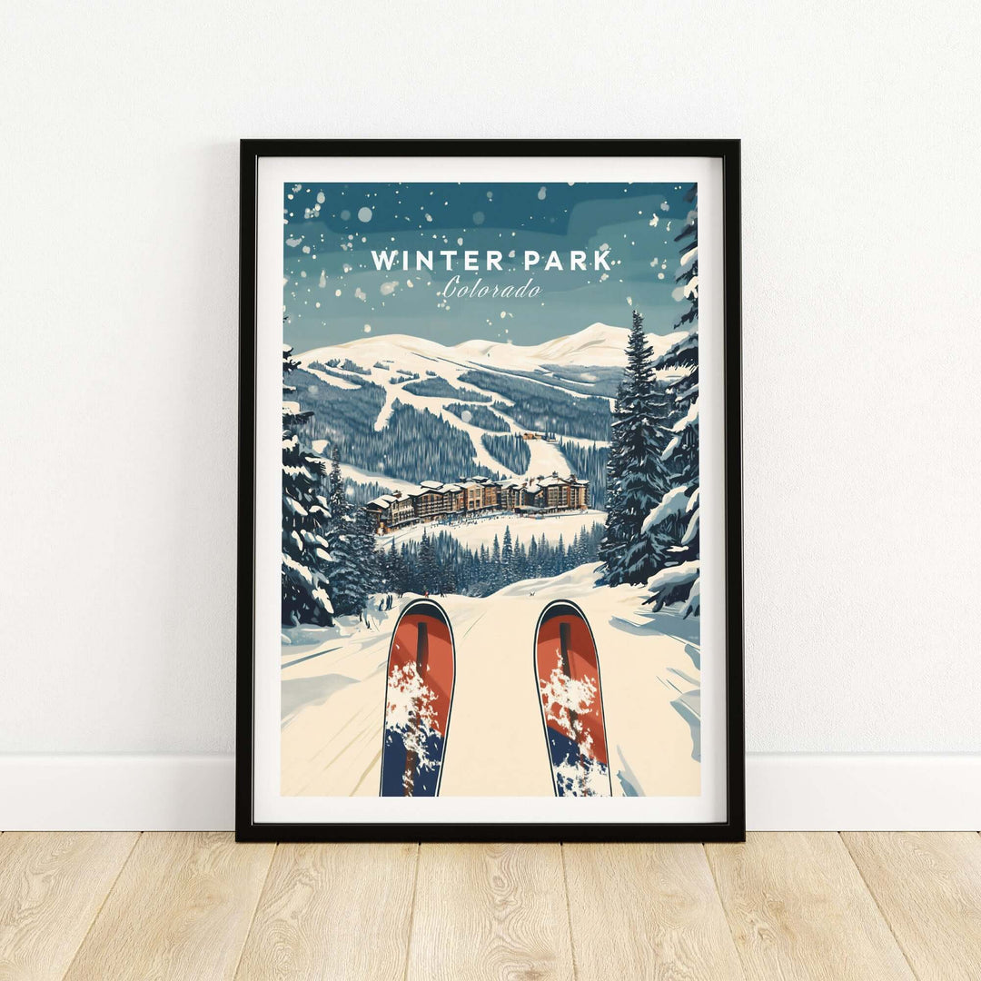 Winter Park travel poster showcasing snowy mountains and ski slopes in Colorado, perfect for home or office decor.