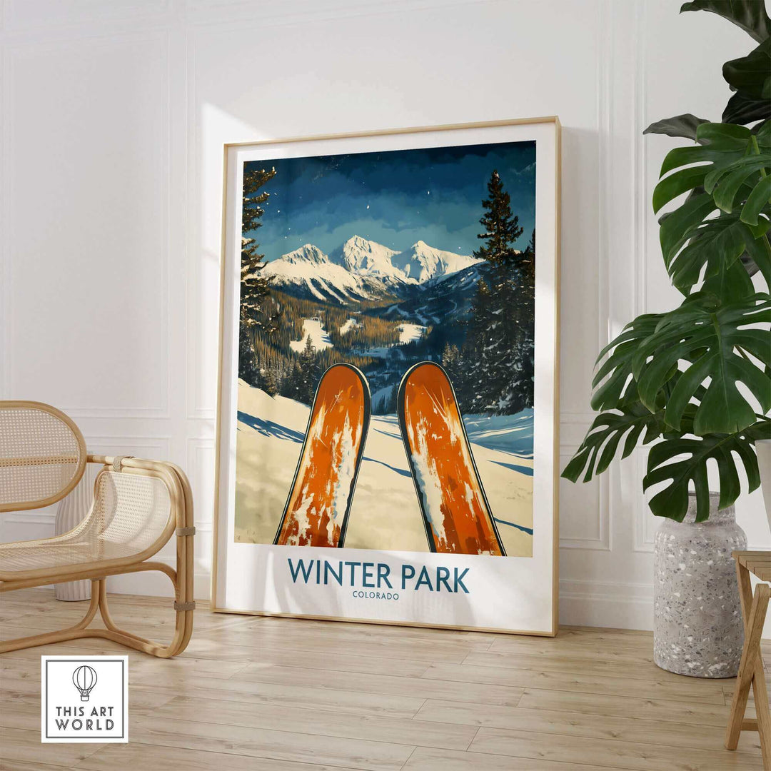 Winter Park Colorado Ski Poster featuring snowy mountains, skis, and forest scenery in stylish wall art.