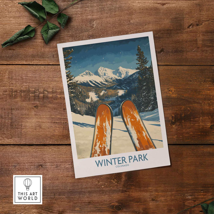 Winter Park Colorado Ski Poster Wall Art featuring snowy mountain landscape and skis.