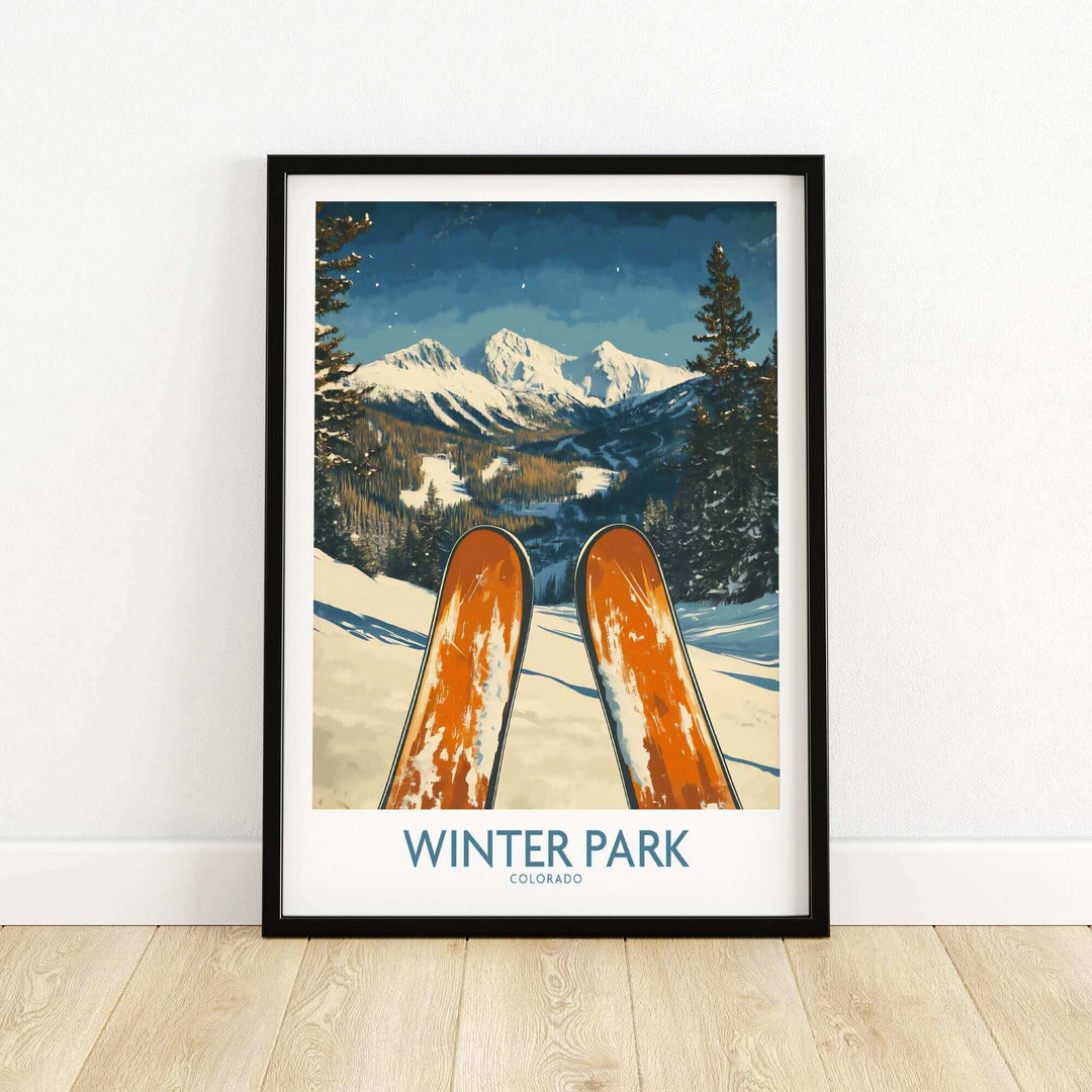 Vintage Winter Park Colorado ski poster featuring vibrant ski slopes and snowy mountains, perfect wall art for winter sports enthusiasts.