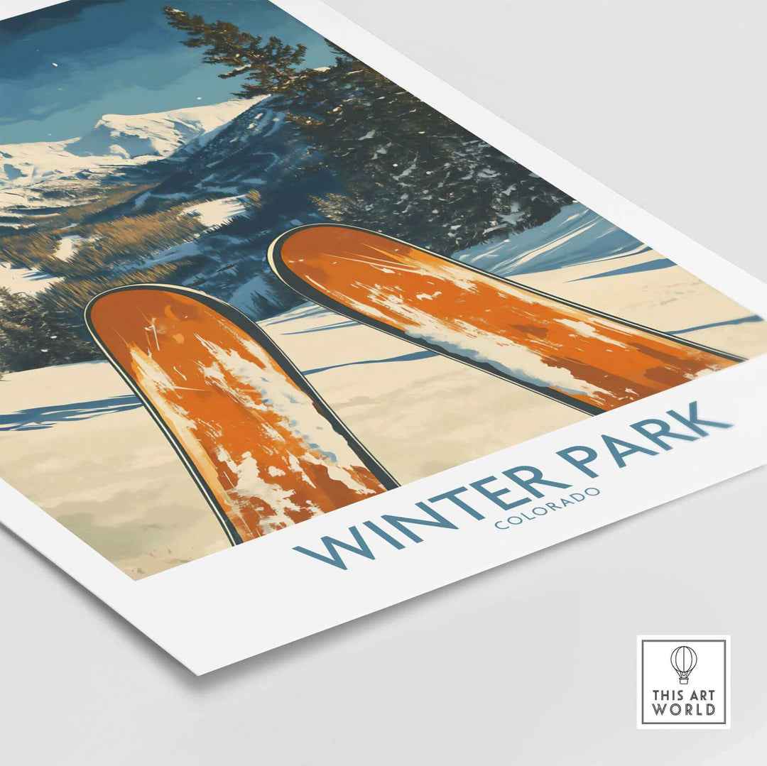 Winter Park Colorado Ski Poster featuring vintage design with skis and snowy mountains, perfect wall art for ski enthusiasts.