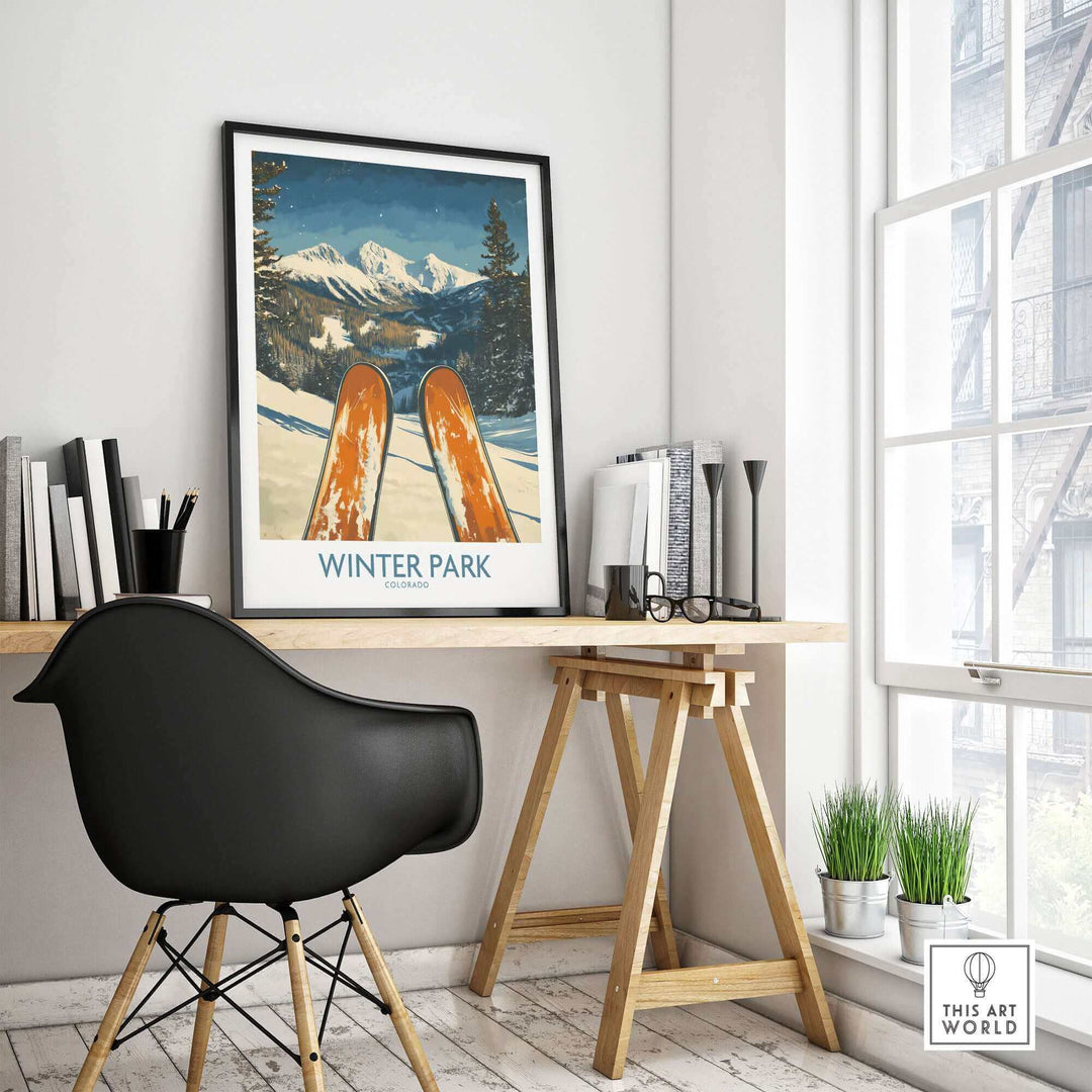 Winter Park Wall Art featuring a vintage Colorado Ski Poster displayed on a modern desk in a stylish room.