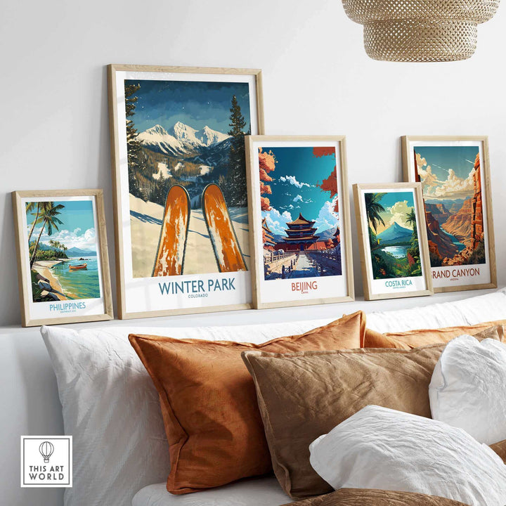 Winter Park Colorado ski poster wall art display with various travel-themed artworks, featuring scenic landscapes and destinations.