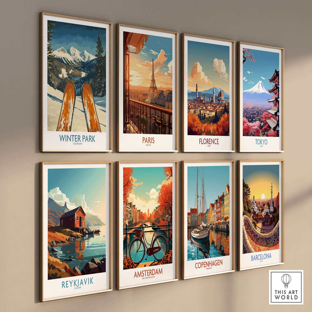 Collection of city-themed wall art posters, featuring Winter Park ski poster alongside Paris, Florence, Tokyo, and other cities.