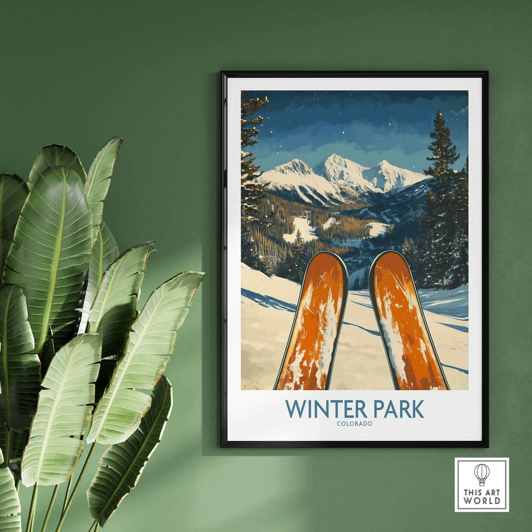 Winter Park Colorado Ski Poster Wall Art with Snow-Covered Mountains and Skis