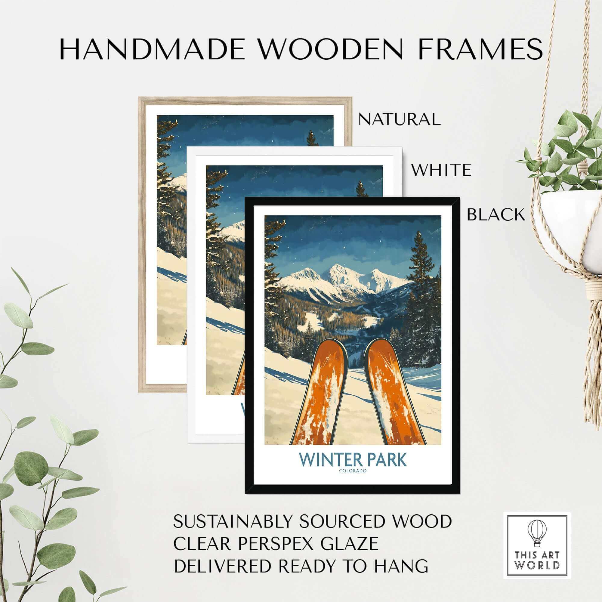 Winter Park Colorado Ski Poster in handmade wooden frames, available in natural, white, and black, sustainably sourced and ready to hang.