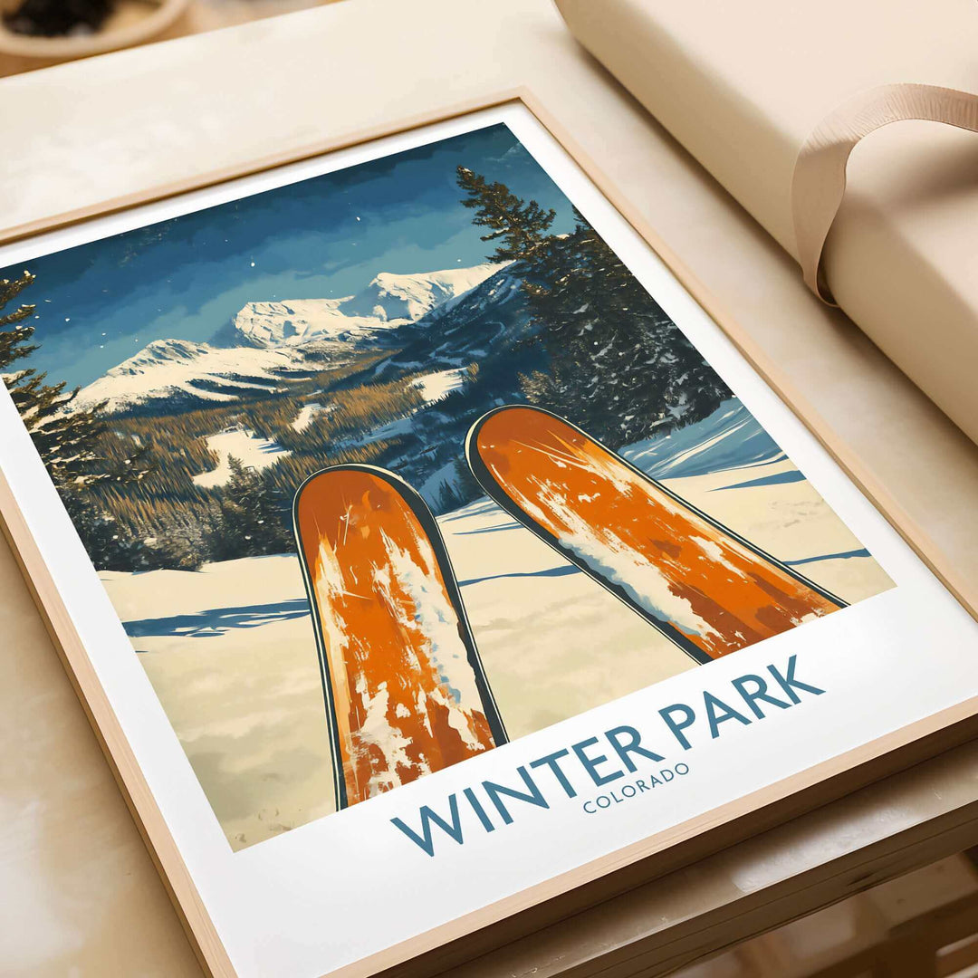 Winter Park Colorado ski poster featuring vibrant snow-capped mountains and orange skis, perfect wall art for ski enthusiasts.