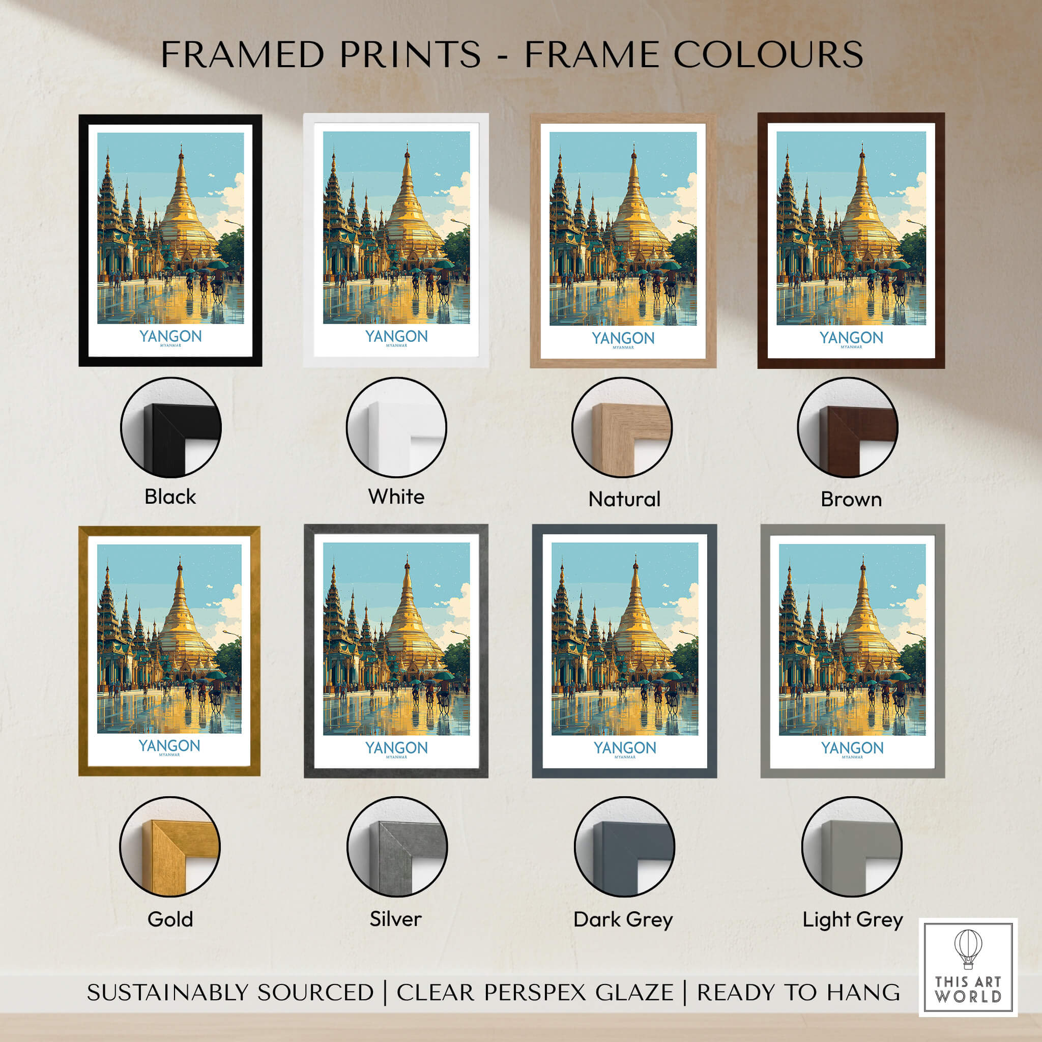 Yangon Myanmar Canvas Print | Vibrant Golden Pagoda Cityscape Poster framed print options in various colors.
