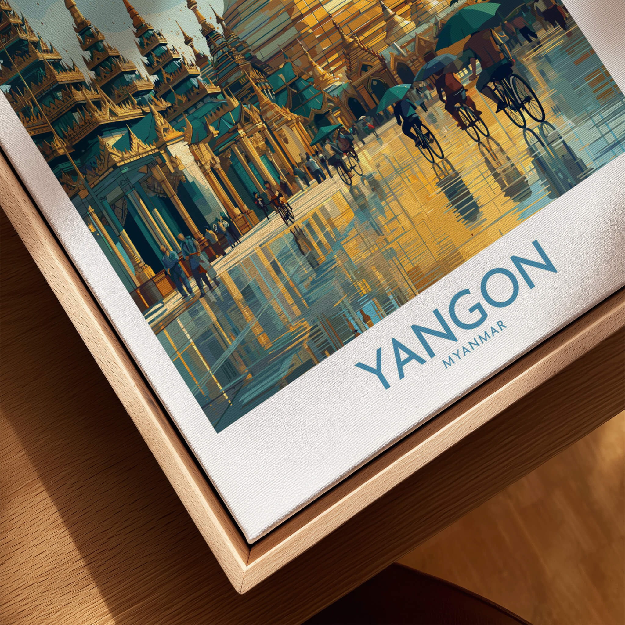 Yangon Myanmar Canvas Print | Vibrant Golden Pagoda Cityscape Poster displayed in wooden frame.