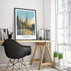 Yangon Myanmar Canvas Print | Vibrant Golden Pagoda Cityscape Poster displayed in a modern workspace.