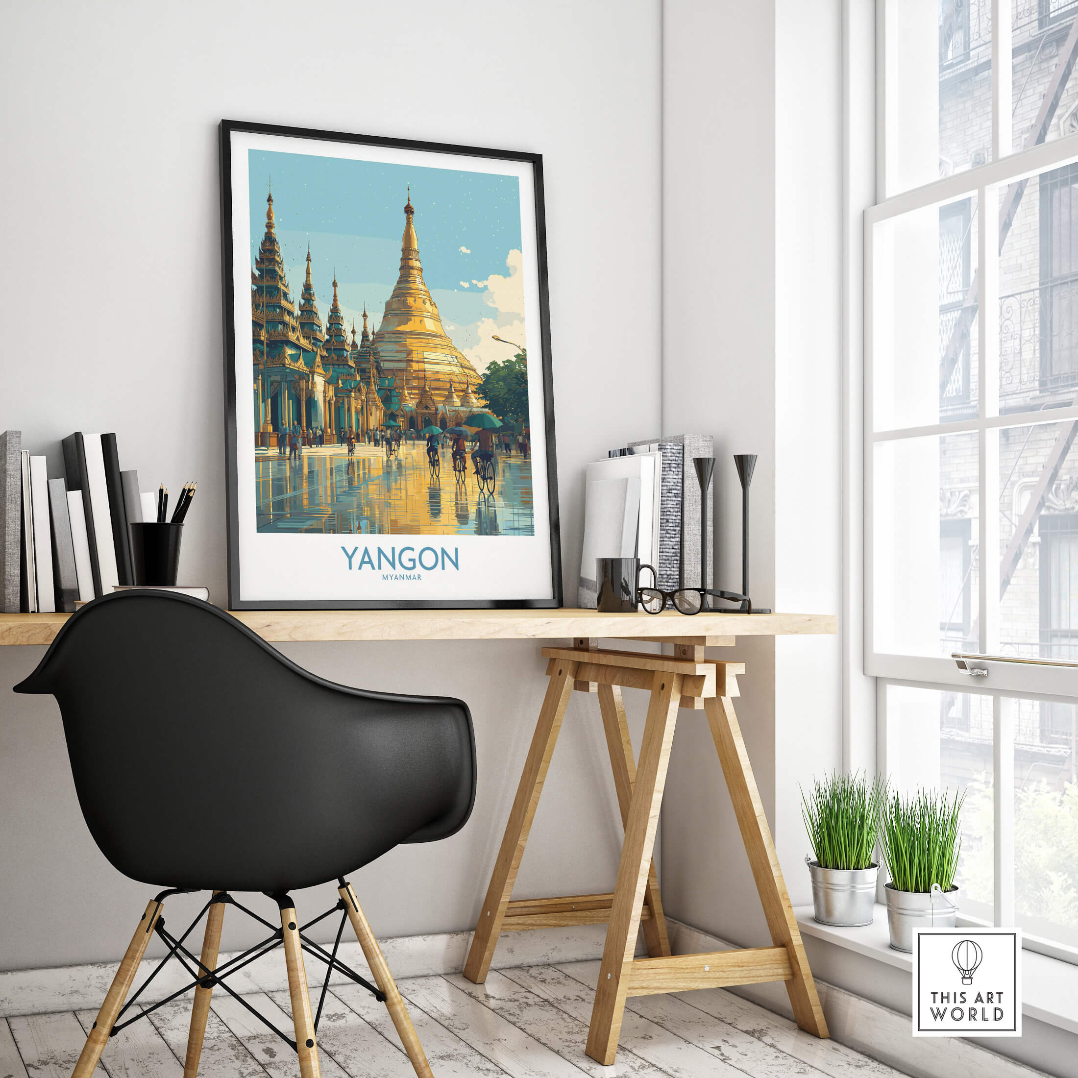 Yangon Myanmar Canvas Print | Vibrant Golden Pagoda Cityscape Poster displayed in a modern workspace.