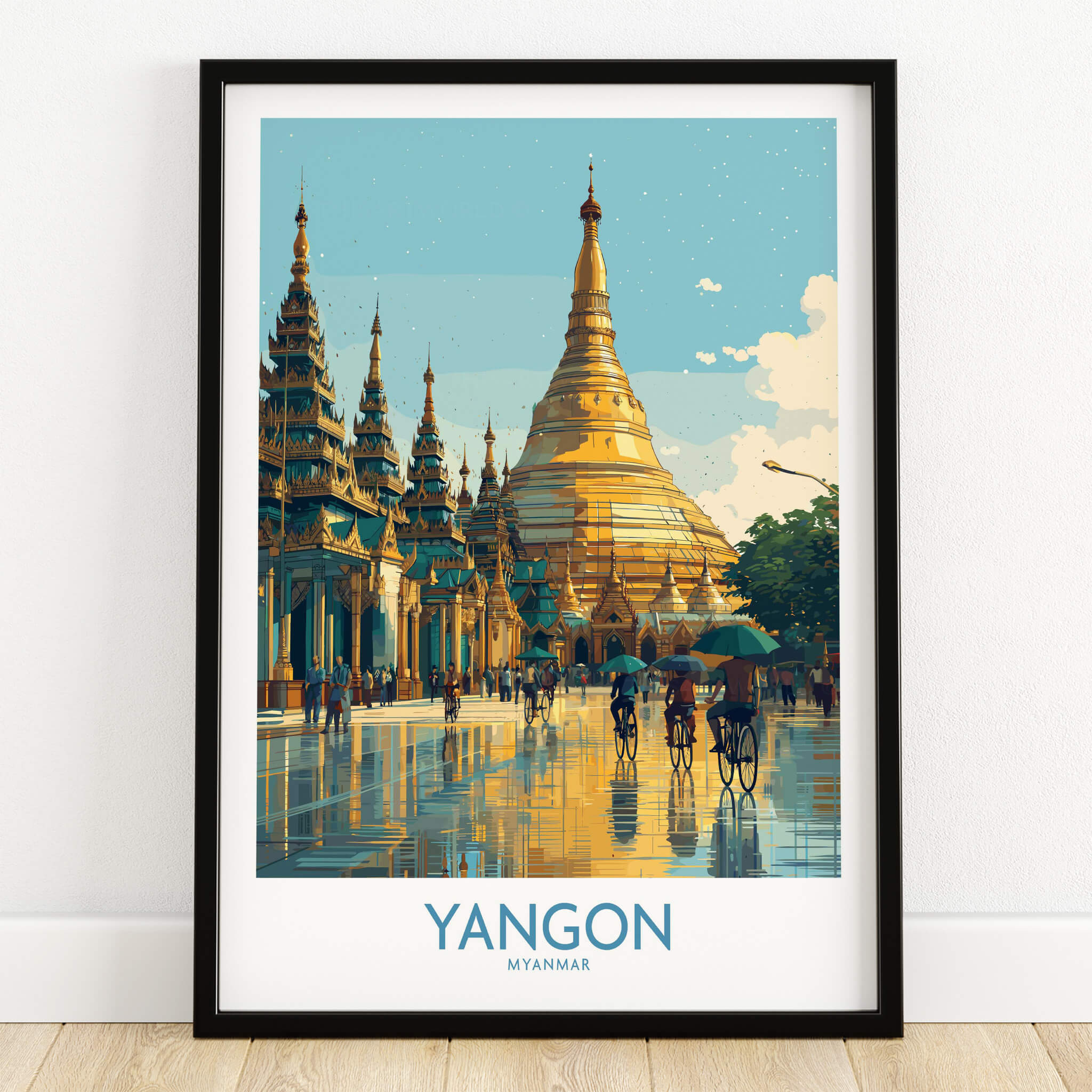 Yangon Myanmar Canvas Print | Vibrant Golden Pagoda Cityscape Poster showcasing iconic pagodas and urban life.