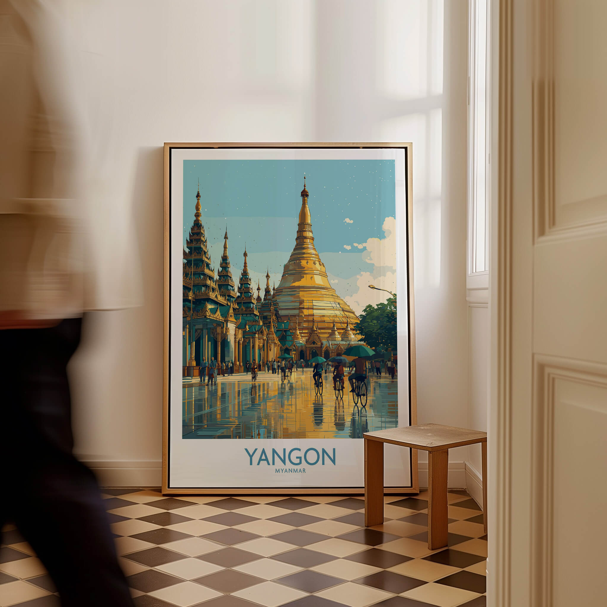 Yangon Myanmar Canvas Print | Vibrant Golden Pagoda Cityscape Poster displayed in a stylish interior setting.