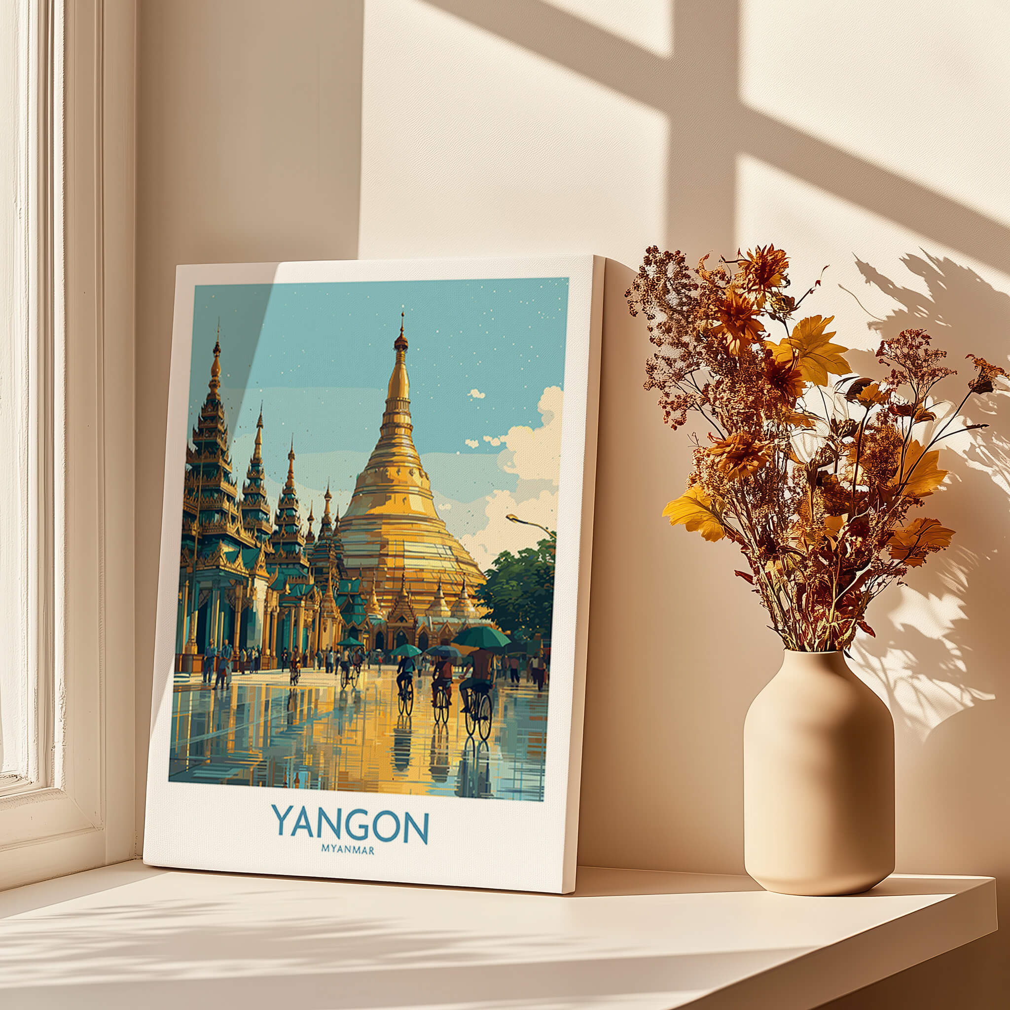 Yangon Myanmar Canvas Print | Vibrant Golden Pagoda Cityscape Poster displayed in bright room with flowers.