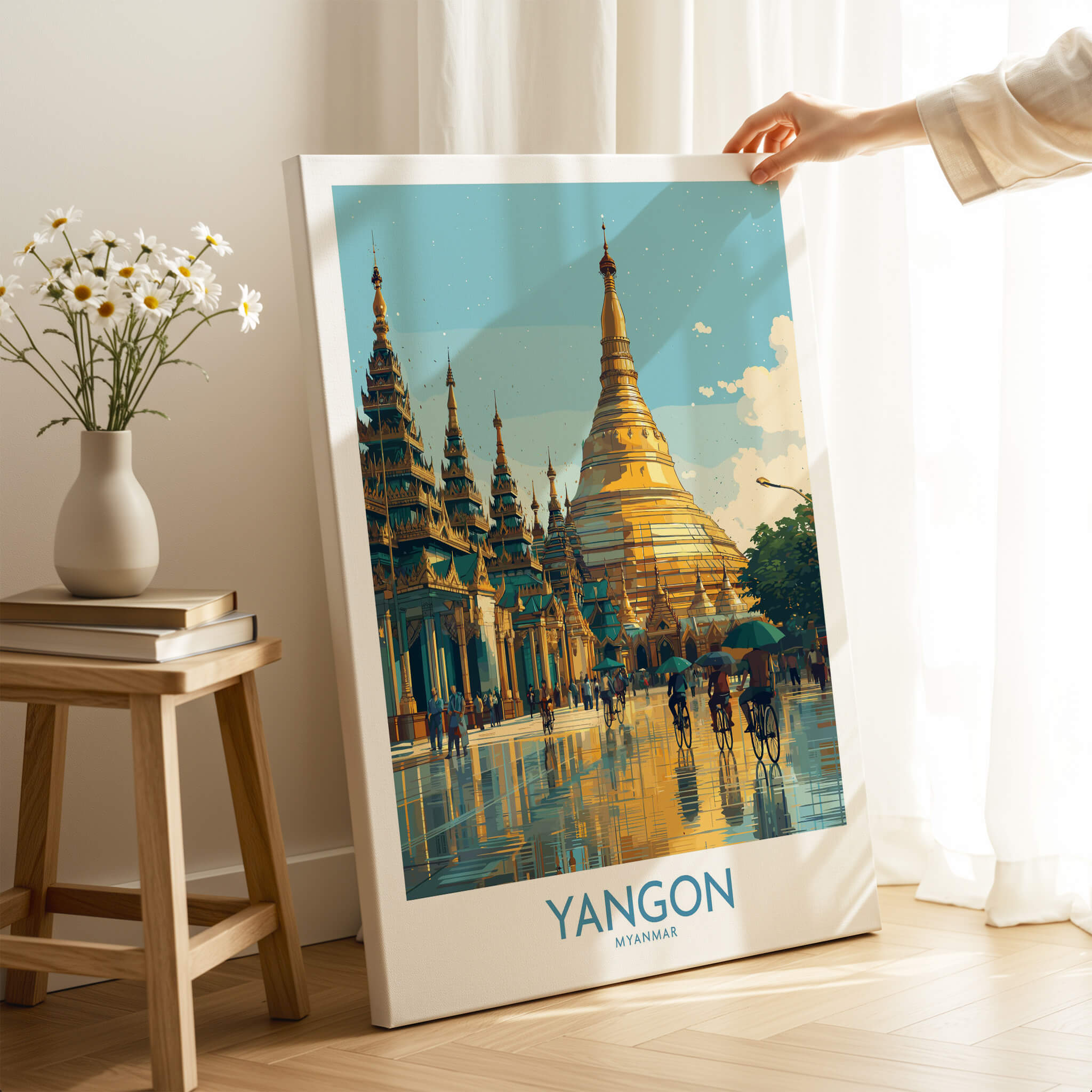 Yangon Myanmar Canvas Print | Vibrant Golden Pagoda Cityscape Poster featuring iconic pagodas and urban landscape.