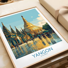 Yangon Myanmar Canvas Print | Vibrant Golden Pagoda Cityscape Poster featuring a stunning illustration of pagodas.
