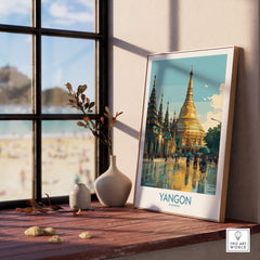 Yangon Myanmar Canvas Print | Vibrant Golden Pagoda Cityscape Poster displayed in a cozy interior with a window view.