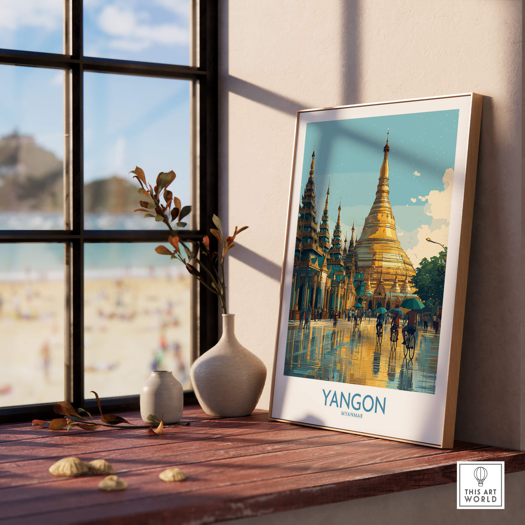 Yangon Myanmar Canvas Print | Vibrant Golden Pagoda Cityscape Poster displayed in a cozy interior with a window view.
