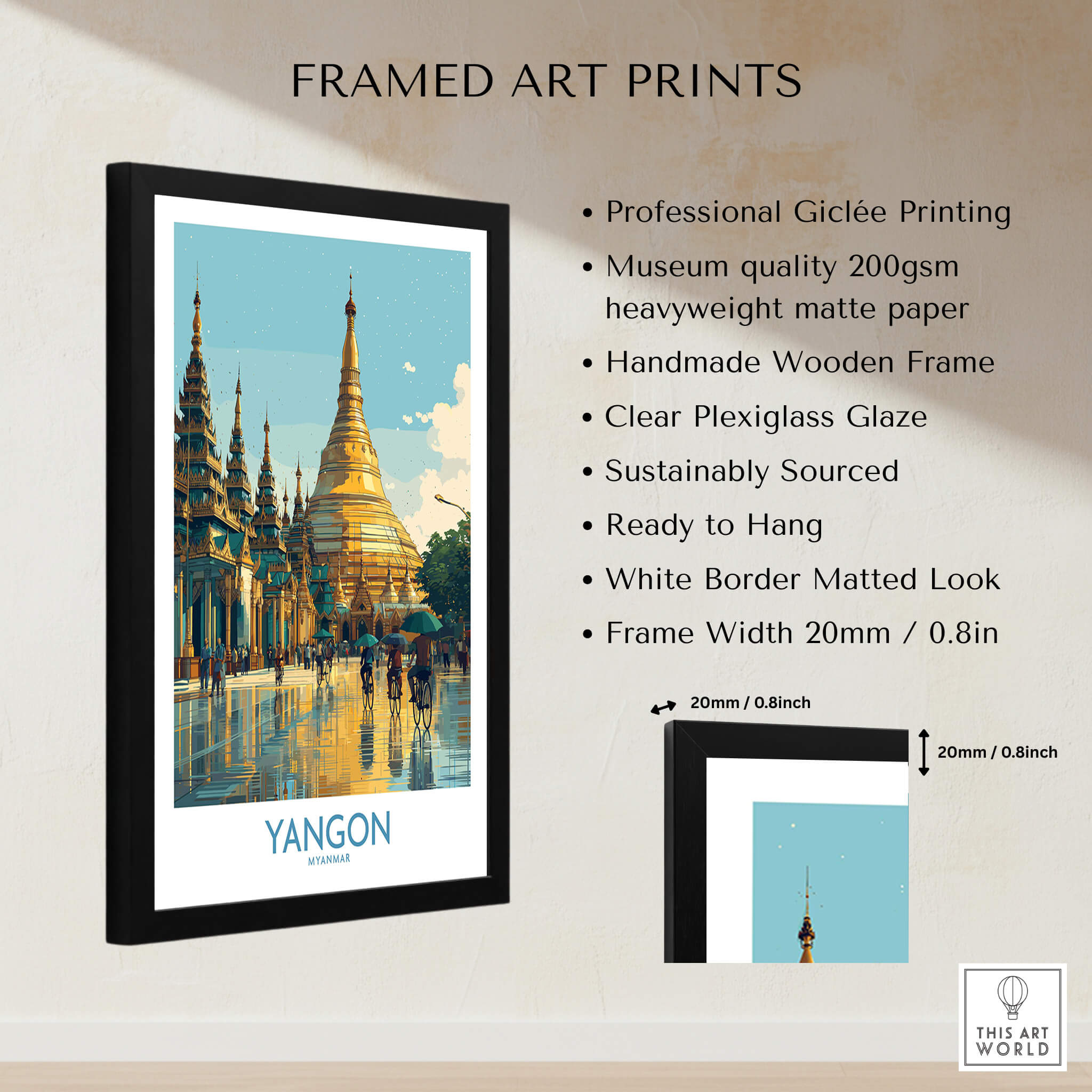 Yangon Myanmar Canvas Print | Vibrant Golden Pagoda Cityscape Poster framed art details and specifications
