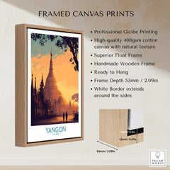 Yangon Myanmar Poster | Golden Temple & Monk Landscape Canvas Print with framed float design showcasing sunset scenery.