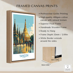 Yangon Myanmar Canvas Print | Vibrant Golden Pagoda Cityscape Poster displayed in a handmade wooden frame.