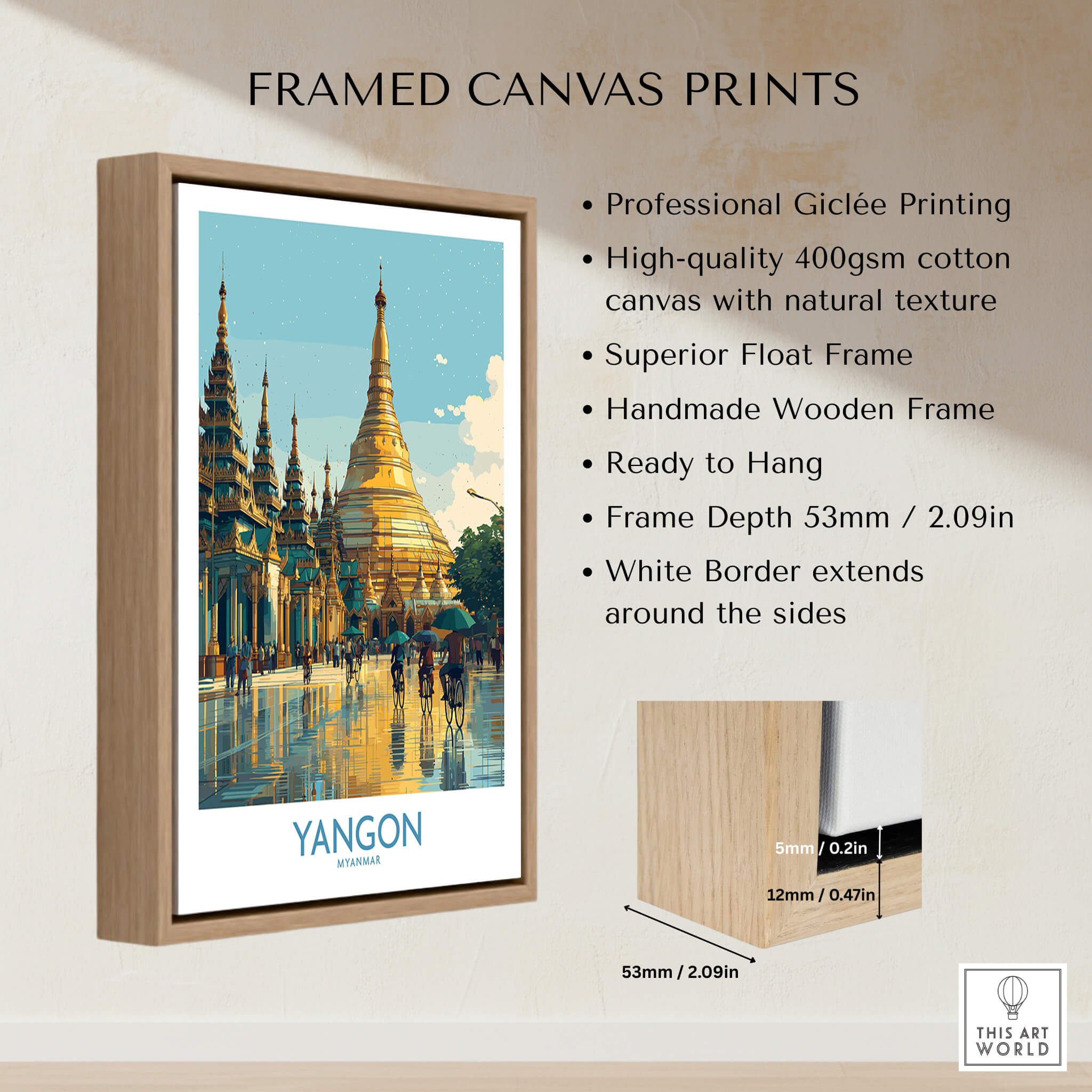 Yangon Myanmar Canvas Print | Vibrant Golden Pagoda Cityscape Poster displayed in a handmade wooden frame.