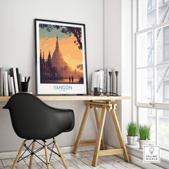 Yangon Myanmar Poster | Golden Temple & Monk Landscape Canvas Print displayed in a modern workspace, showcasing warm colors and serene design.