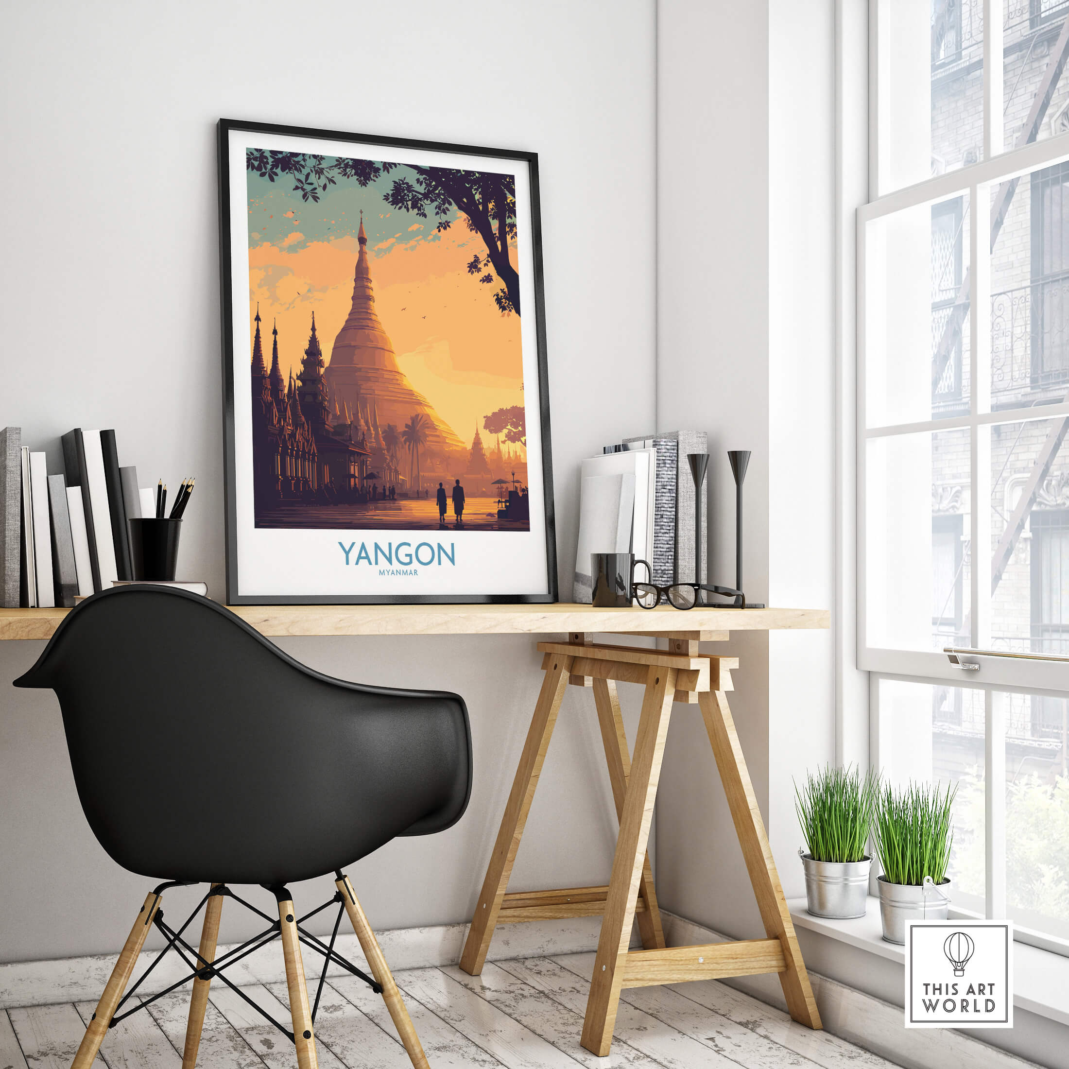 Yangon Myanmar Poster | Golden Temple & Monk Landscape Canvas Print displayed in a modern workspace, showcasing warm colors and serene design.