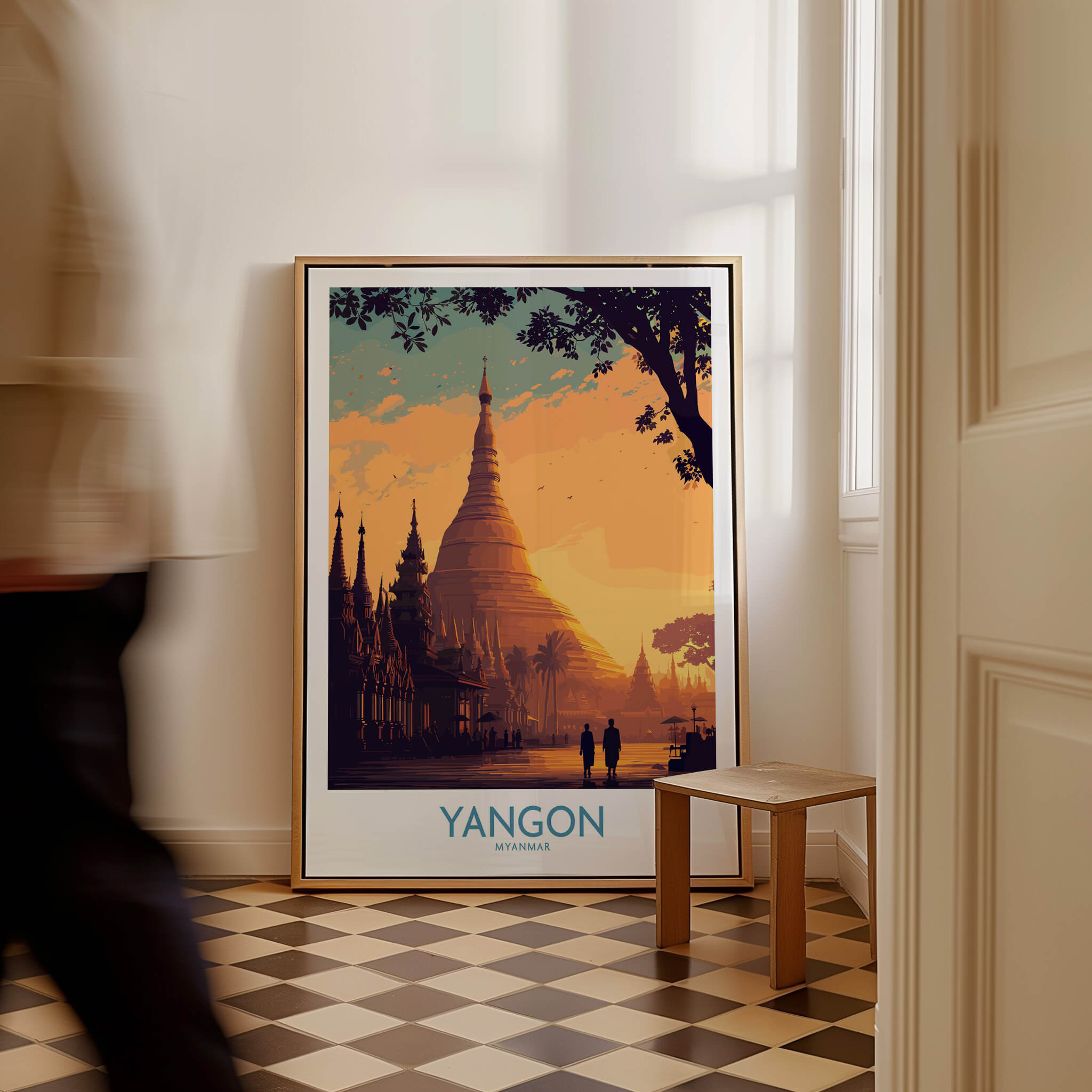 Yangon Myanmar Poster | Golden Temple & Monk Landscape Canvas Print displayed in a stylish interior setting.