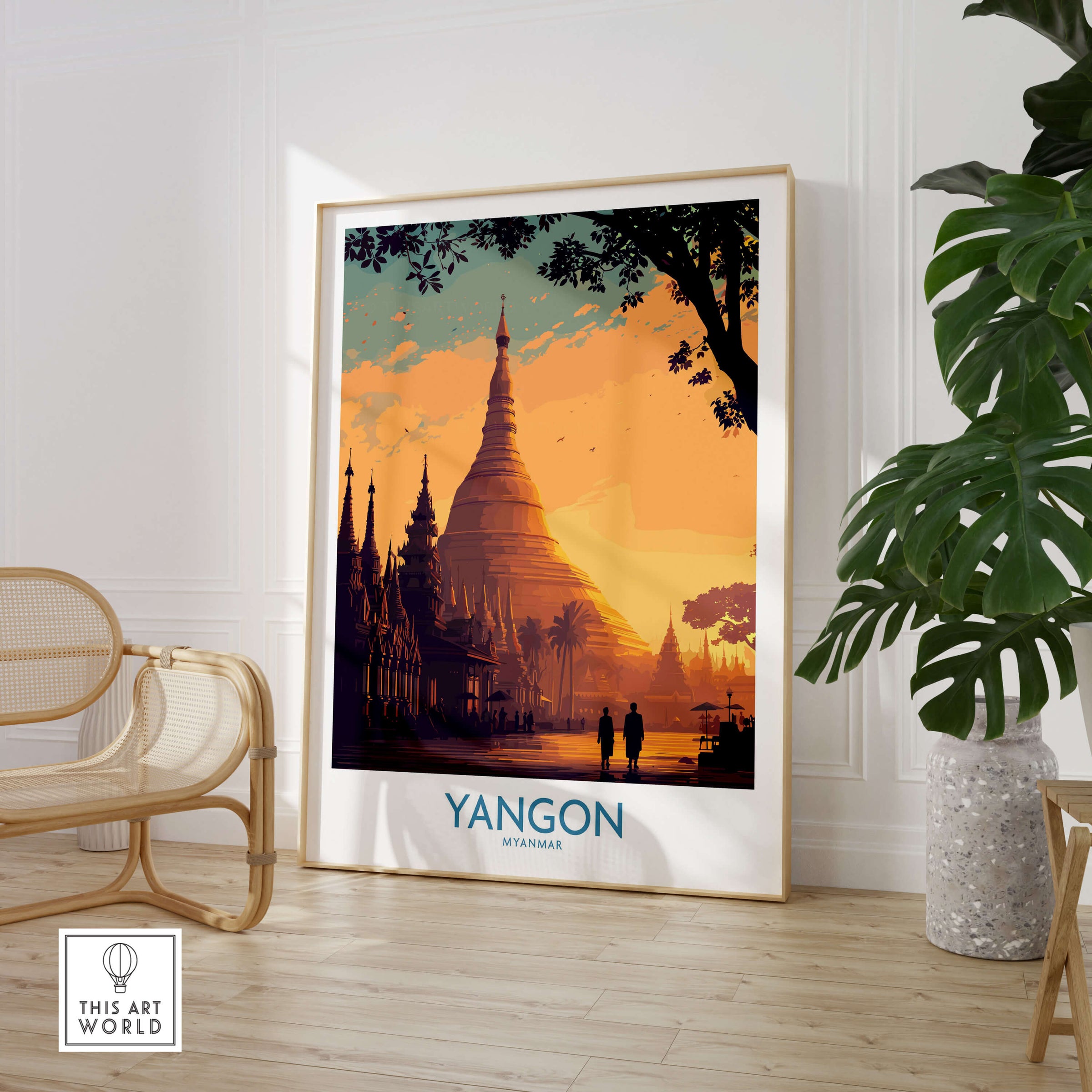 Yangon Myanmar Poster | Golden Temple & Monk Landscape Canvas Print in warm sunset hues with temple silhouettes.