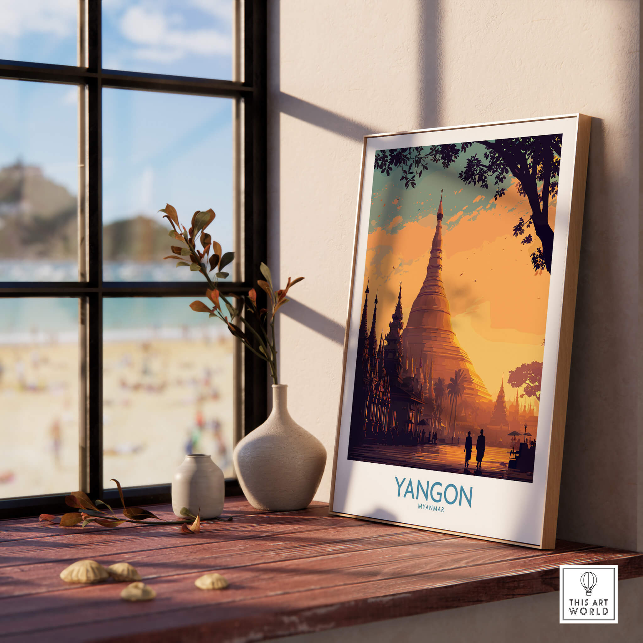 Yangon Myanmar Poster | Golden Temple & Monk Landscape Canvas Print displayed in a serene interior setting.