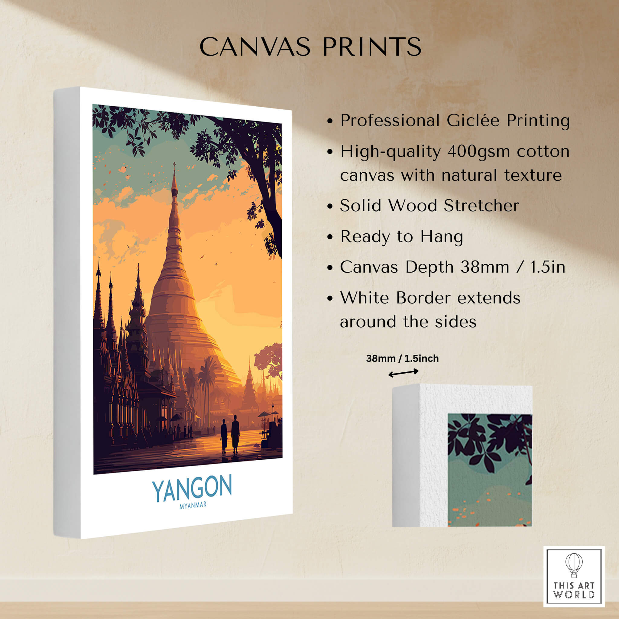 Yangon Myanmar Poster | Golden Temple & Monk Landscape Canvas Print with professional Giclée quality.