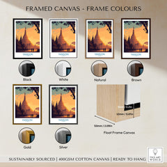 Yangon Myanmar Poster | Golden Temple & Monk Landscape Canvas Print framed color options including black, white, natural, brown, gold, and silver.
