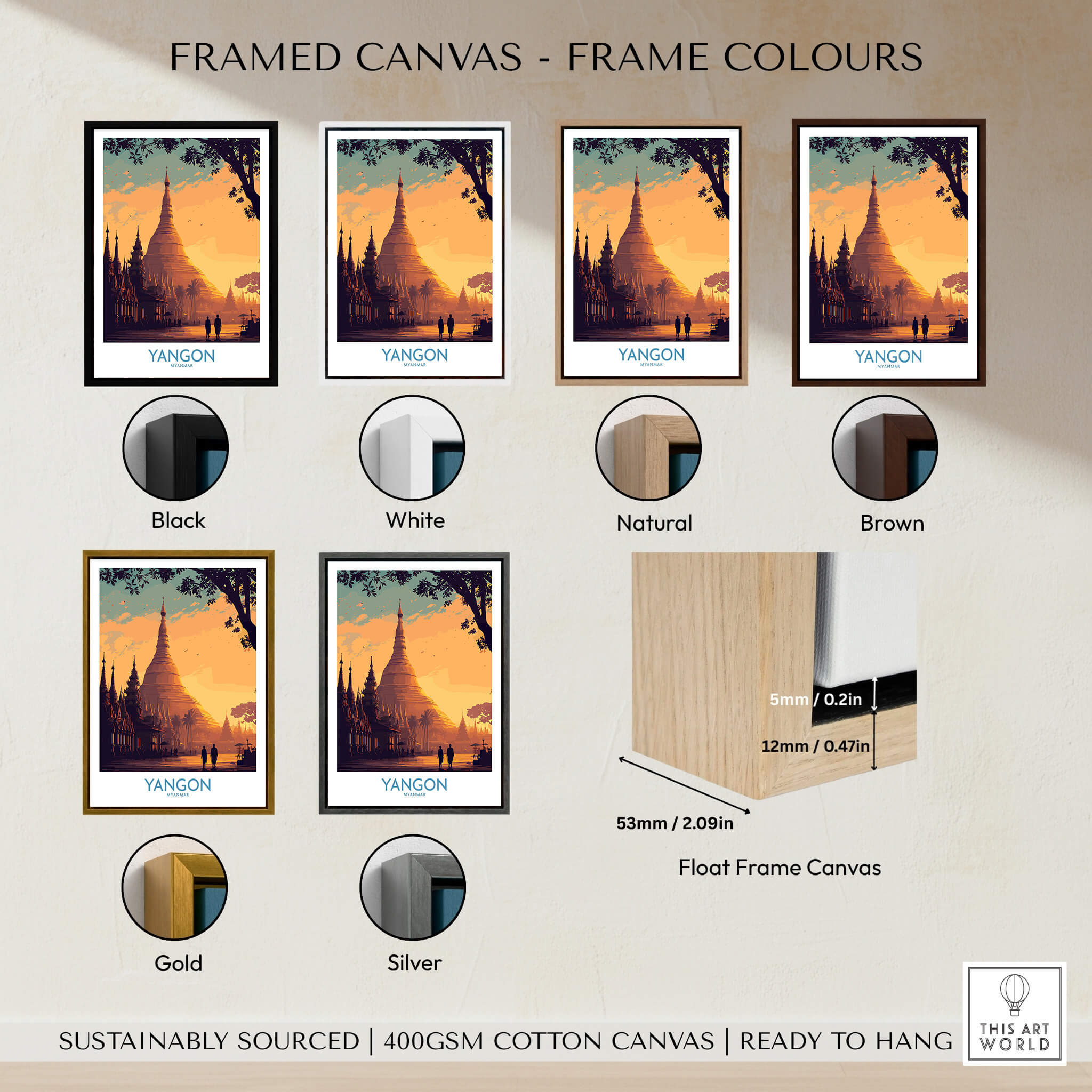 Yangon Myanmar Poster | Golden Temple & Monk Landscape Canvas Print framed color options including black, white, natural, brown, gold, and silver.