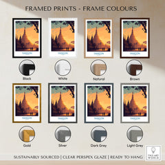 Yangon Myanmar Poster | Golden Temple & Monk Landscape Canvas Print showcased with various frame colors including black, white, and brown.
