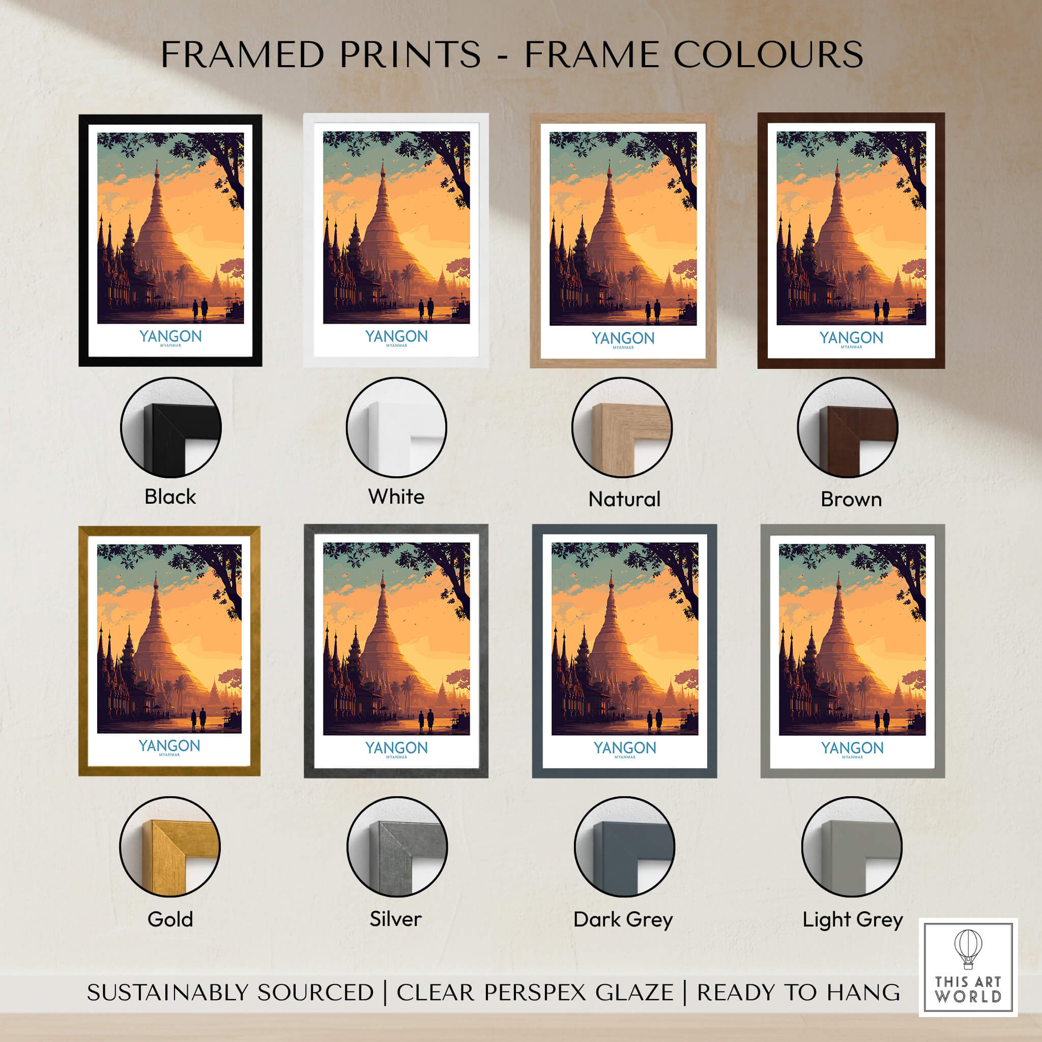 Yangon Myanmar Poster | Golden Temple & Monk Landscape Canvas Print showcased with various frame colors including black, white, and brown.